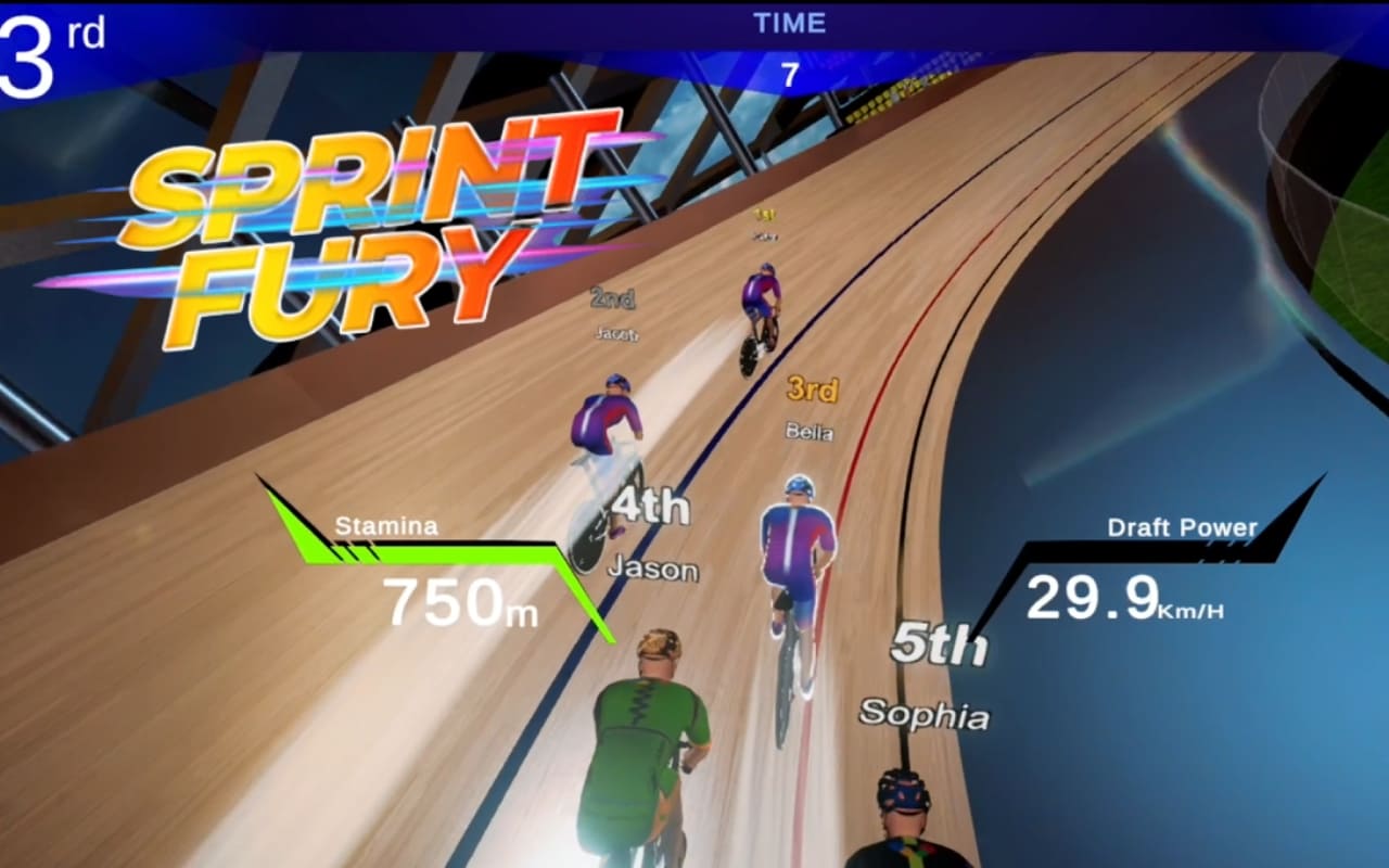 Sprint Fury: 8 cycling avatars at a race start line, city backdrop, stamina bars and race positions on HUD.