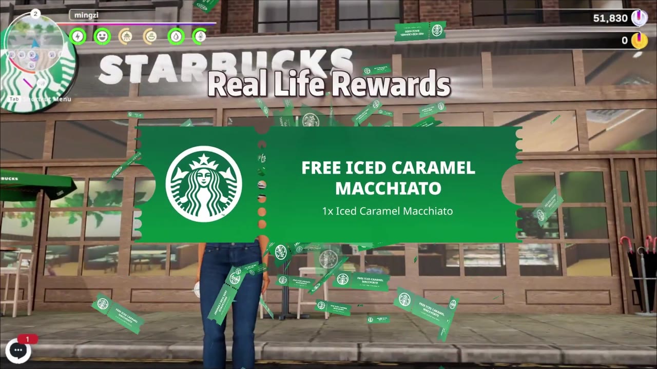 In-game Starbucks store showing a won reward: Free Iced Caramel Macchiato